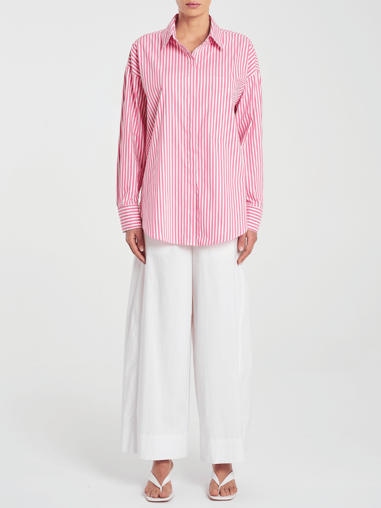 Mela Purdie Relaxed Button Front Pocket Shirt in Hot Pink and White Stripe 8101 Mela Purdie Stockist Online Australia Signature of Double Bay Tops Dresses Elegant Clothing
