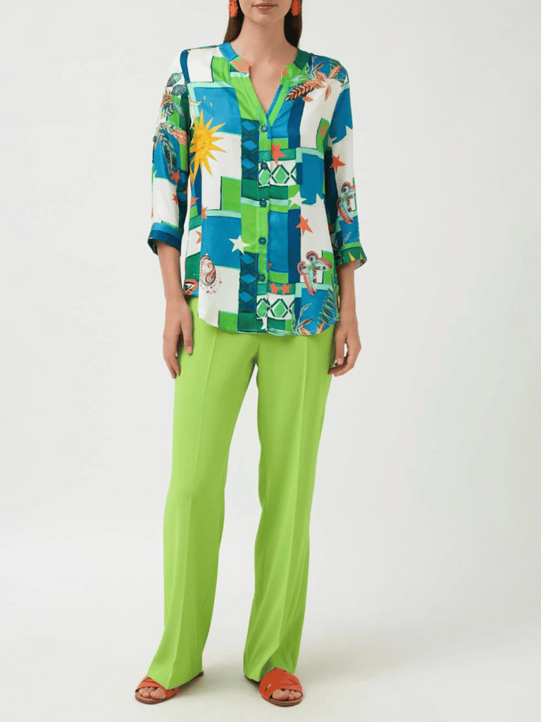 Tinta & Bariloche 3/4 Sleeve Relaxed Fit Teresina Shirt in Royal Blue Graphic Print Tinta and Bariloche online Australia Shop Tinta Bariloche shorts, dresses, tops online. Signature of Double Bay Fashion Tinta and Bariloche Online