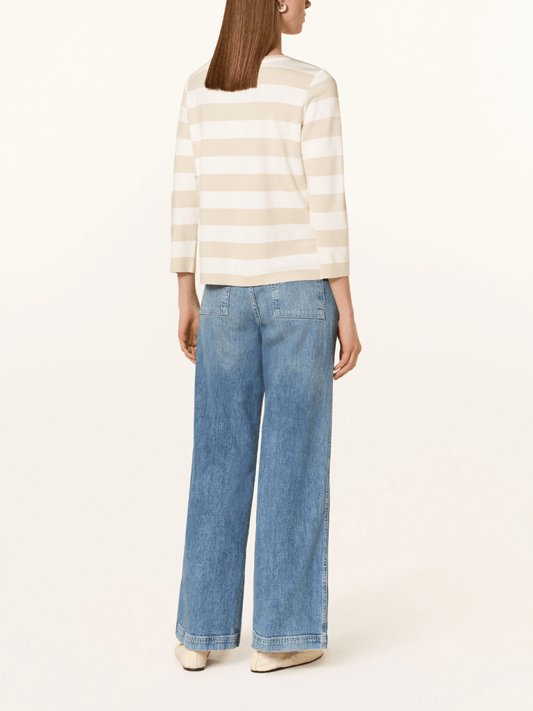 Monari 3/4 Sleeve Sequin Stripe Sweatshirt in Cream and Beige 409136 Discover the Elegant Monari Collection at Signature of Double Bay, Shop Stylish Knitwear, Dresses, and Tops Online from Sydney's Premier Mature Fashion Boutique