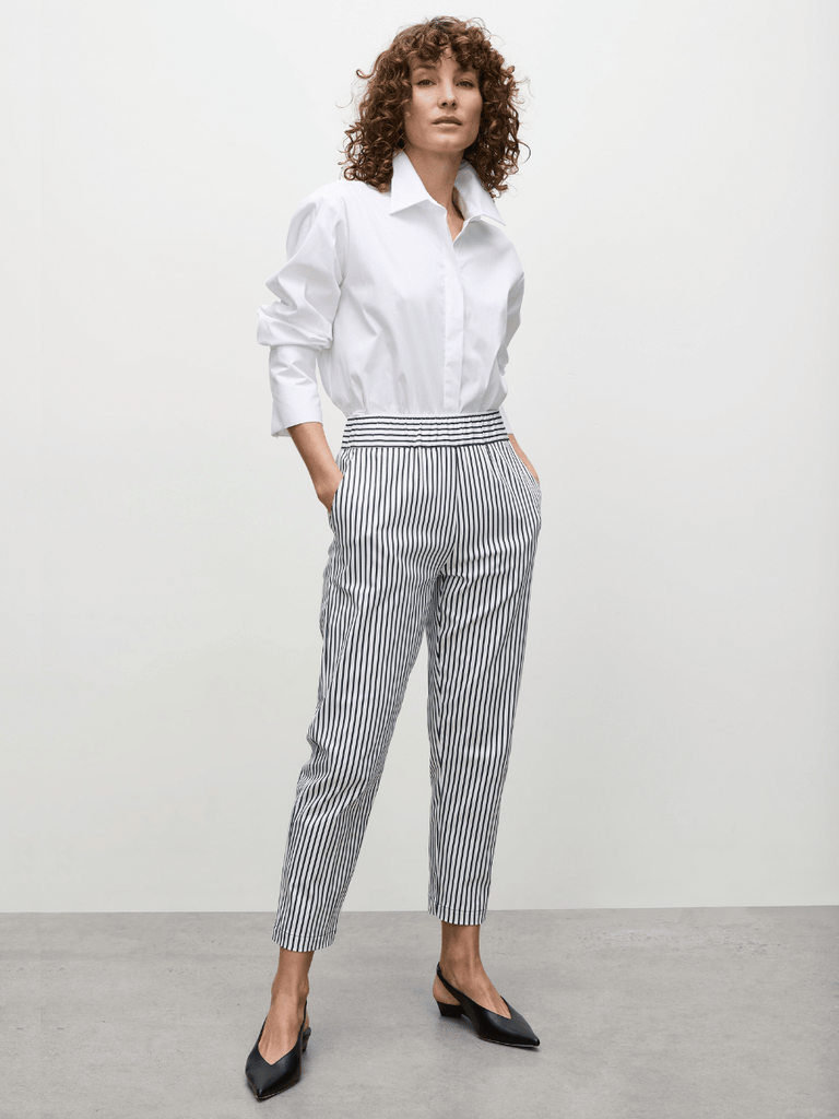 Mela Purdie Nomad Pant in Indigo Stripe Popilene 1478 Mela Purdie Stockist Online Australia Signature of Double Bay Tops Dresses Elegant Clothing
