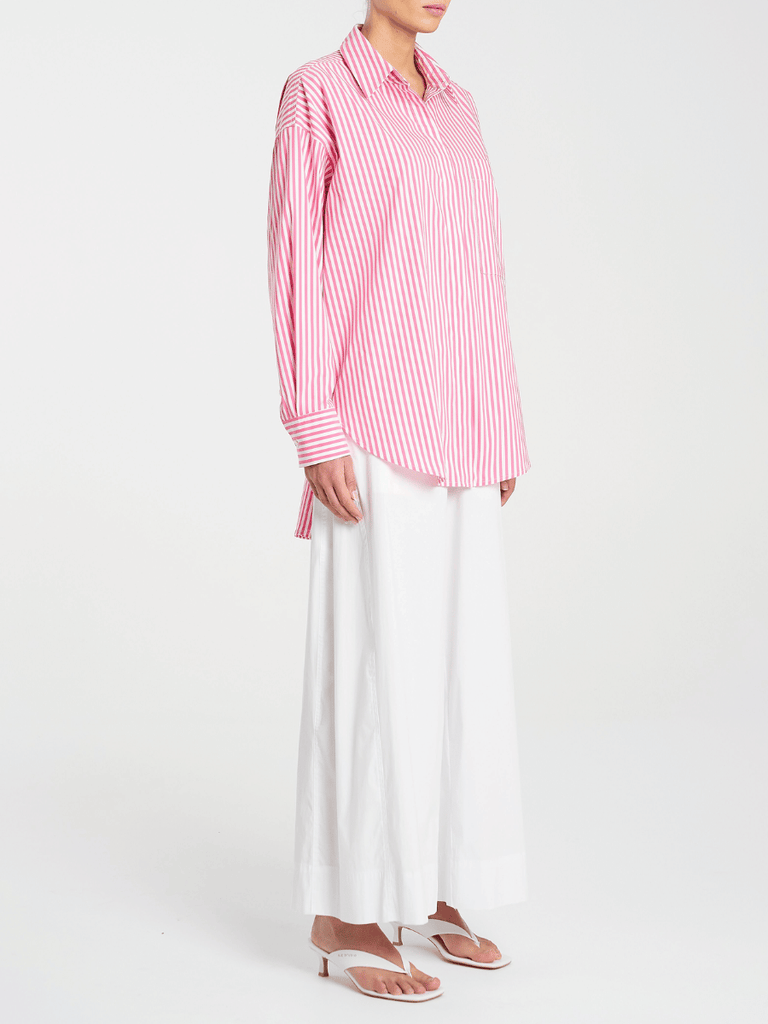 Mela Purdie Relaxed Button Front Pocket Shirt in Hot Pink and White Stripe 8101 Mela Purdie Stockist Online Australia Signature of Double Bay Tops Dresses Elegant Clothing