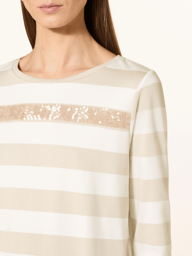 Monari 3/4 Sleeve Sequin Stripe Sweatshirt in Cream and Beige 409136 Discover the Elegant Monari Collection at Signature of Double Bay, Shop Stylish Knitwear, Dresses, and Tops Online from Sydney's Premier Mature Fashion Boutique