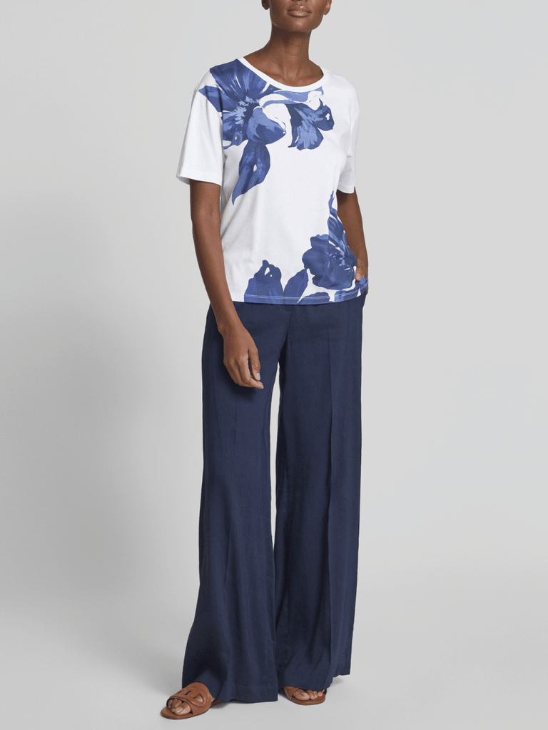 Monari Short Sleeve Round T-Shirt in Bold Blue and White Floral Print Discover the Elegant Monari Collection at Signature of Double Bay, Shop Stylish Knitwear, Dresses, and Tops Online from Sydney's Premier Mature Fashion Boutique