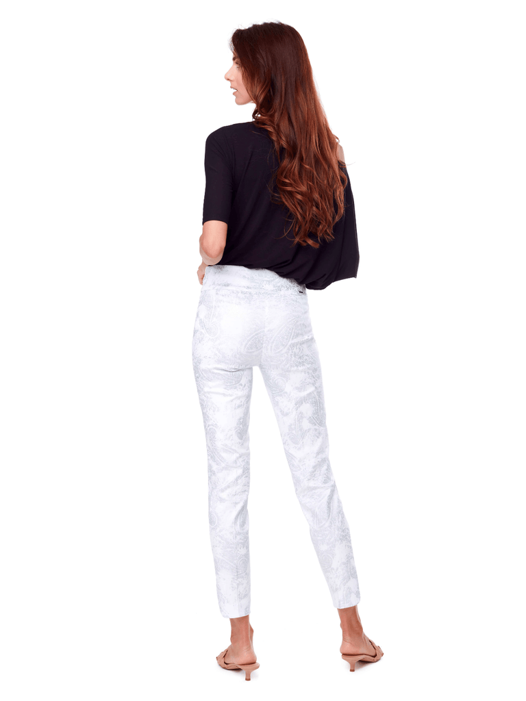 silver paisley sheen UP! PANTS 28" Petal Slit Tummy Control Pant in White and Silver Foil 67753 Up Pants Tummy control stockist online Australia flattering body contouring shaping pants