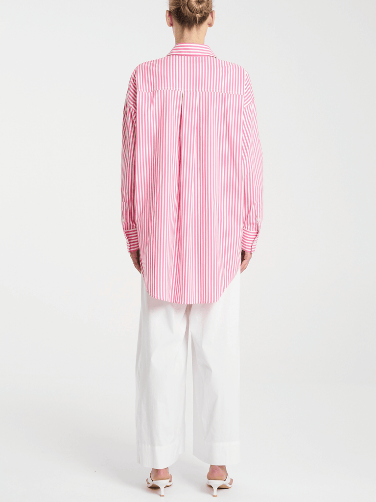 Mela Purdie Relaxed Button Front Pocket Shirt in Hot Pink and White Stripe 8101 Mela Purdie Stockist Online Australia Signature of Double Bay Tops Dresses Elegant Clothing