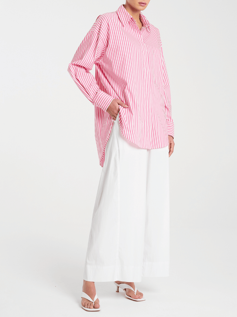Mela Purdie Relaxed Button Front Pocket Shirt in Hot Pink and White Stripe 8101 Mela Purdie Stockist Online Australia Signature of Double Bay Tops Dresses Elegant Clothing