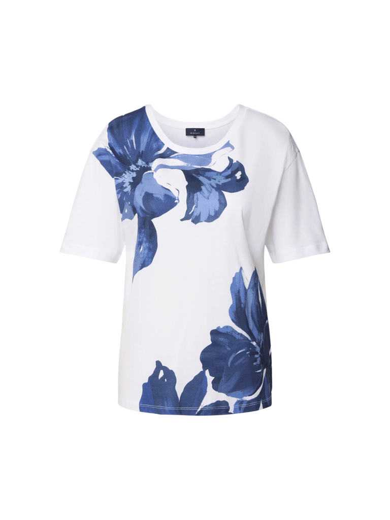 Monari Short Sleeve Round T-Shirt in Bold Blue and White Floral Print Discover the Elegant Monari Collection at Signature of Double Bay, Shop Stylish Knitwear, Dresses, and Tops Online from Sydney's Premier Mature Fashion Boutique