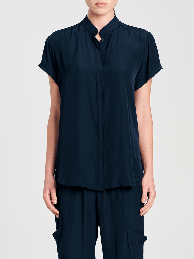 Mela Purdie Soft Stand Shirt in Navy 8629 Mela Purdie Stockist Online Australia Signature of Double Bay Tops Dresses Elegant Clothing