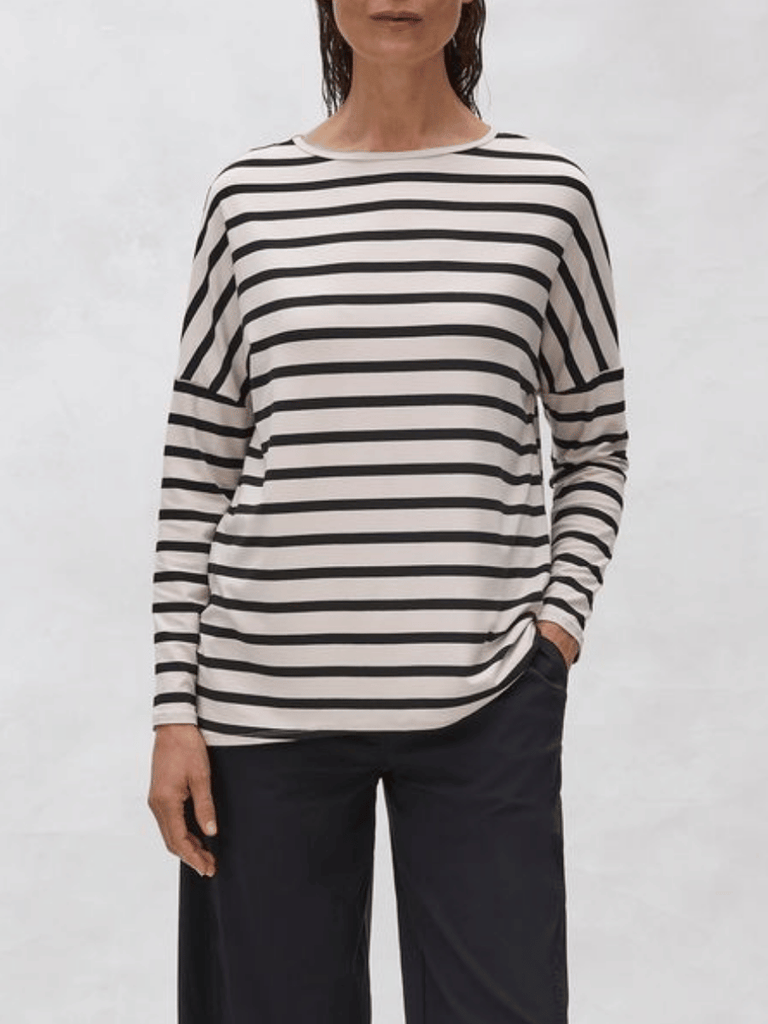 Mela Purdie Boat Sweater in Bisque and Black Trunk Striped Jersey 2817 Mela Purdie Stockist Online Australia Signature of Double Bay Tops Dresses Elegant Clothing