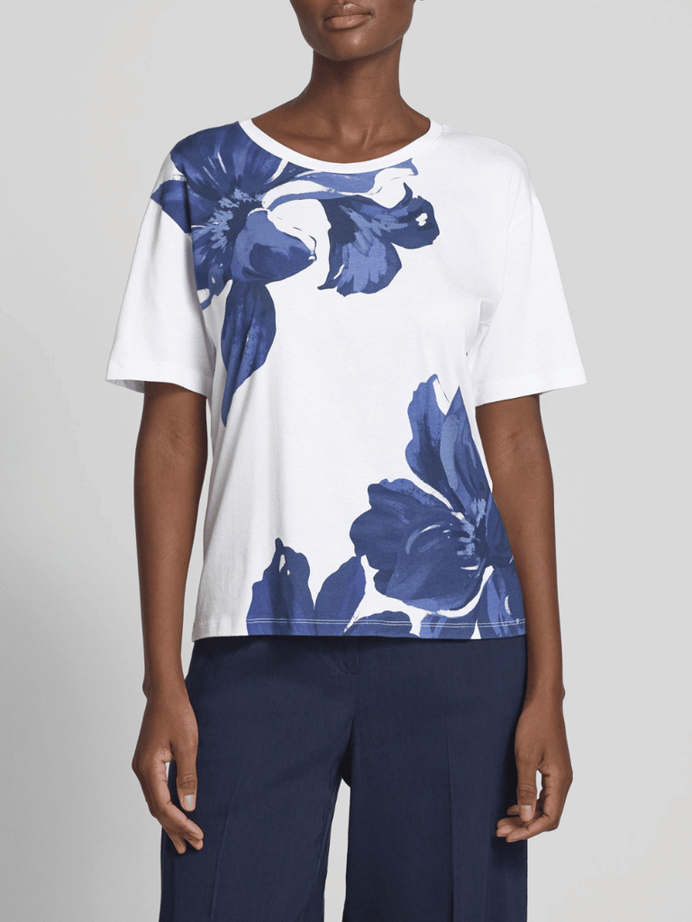 Monari Short Sleeve Round T-Shirt in Bold Blue and White Floral Print Discover the Elegant Monari Collection at Signature of Double Bay, Shop Stylish Knitwear, Dresses, and Tops Online from Sydney's Premier Mature Fashion Boutique