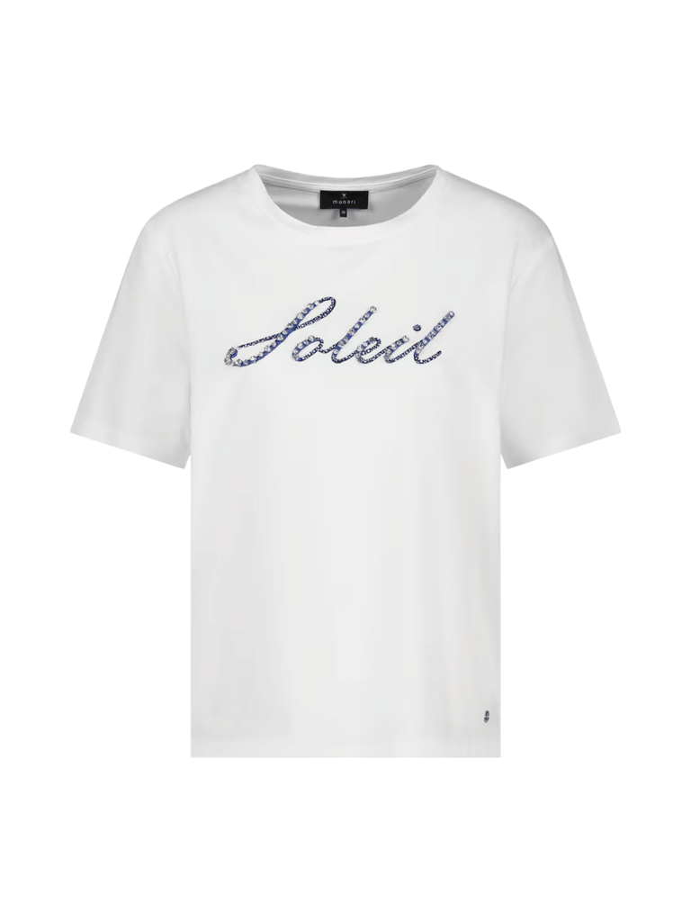 Monari Short Sleeve Round T-Shirt with Rhinestone "Soleil" Embellishment Discover the Elegant Monari Collection at Signature of Double Bay, Shop Stylish Knitwear, Dresses, and Tops Online from Sydney's Premier Mature Fashion Boutique