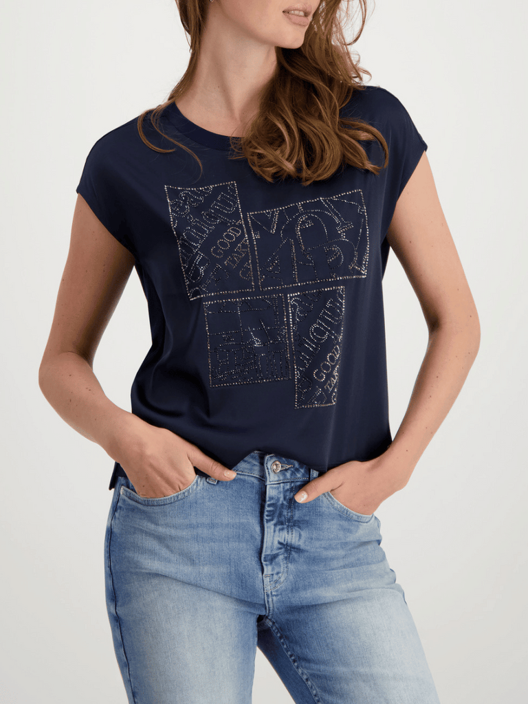 Monari Cap Sleeve Bling Tee in Navy Discover the Elegant Monari Collection at Signature of Double Bay, Shop Stylish Knitwear, Dresses, and Tops Online from Sydney's Premier Mature Fashion Boutique