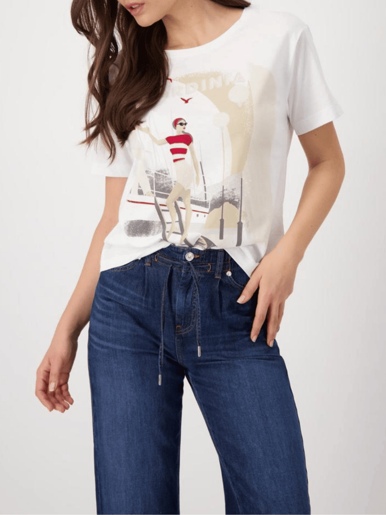 Monari Short Sleeve Relaxed Fit&nbsp;Sardinia Print T-Shirt in Cream Discover the Elegant Monari Collection at Signature of Double Bay, Shop Stylish Knitwear, Dresses, and Tops Online from Sydney's Premier Mature Fashion Boutique