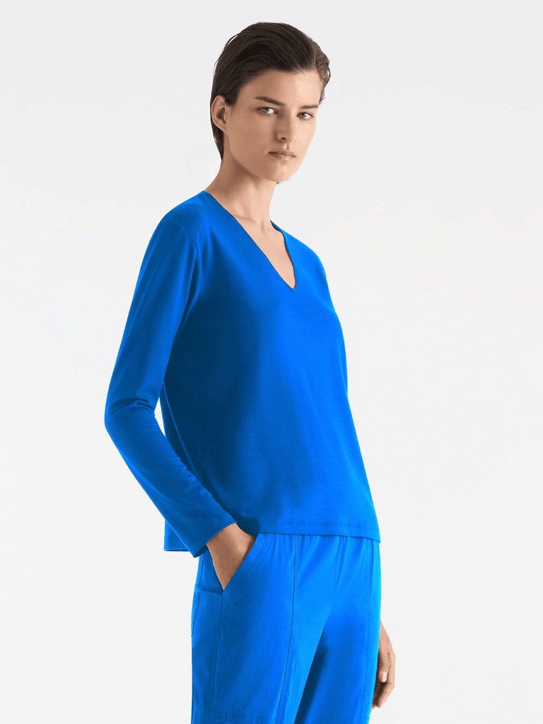 Mela Purdie Long Sleeve V Neck Top in Topaz Blue 7785 Mela Purdie Stockist Online Australia Signature of Double Bay Tops Dresses Elegant Clothing