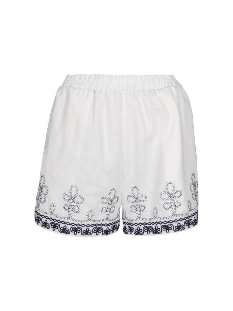 Astrid Mid-Rise Relaxed Embroidered Peace Shorts in White and Blue Astrid women’s clothing collection feminine, versatile style shop now at Signature of Double Bay Sydney Australia online stockist luxury womens fashion