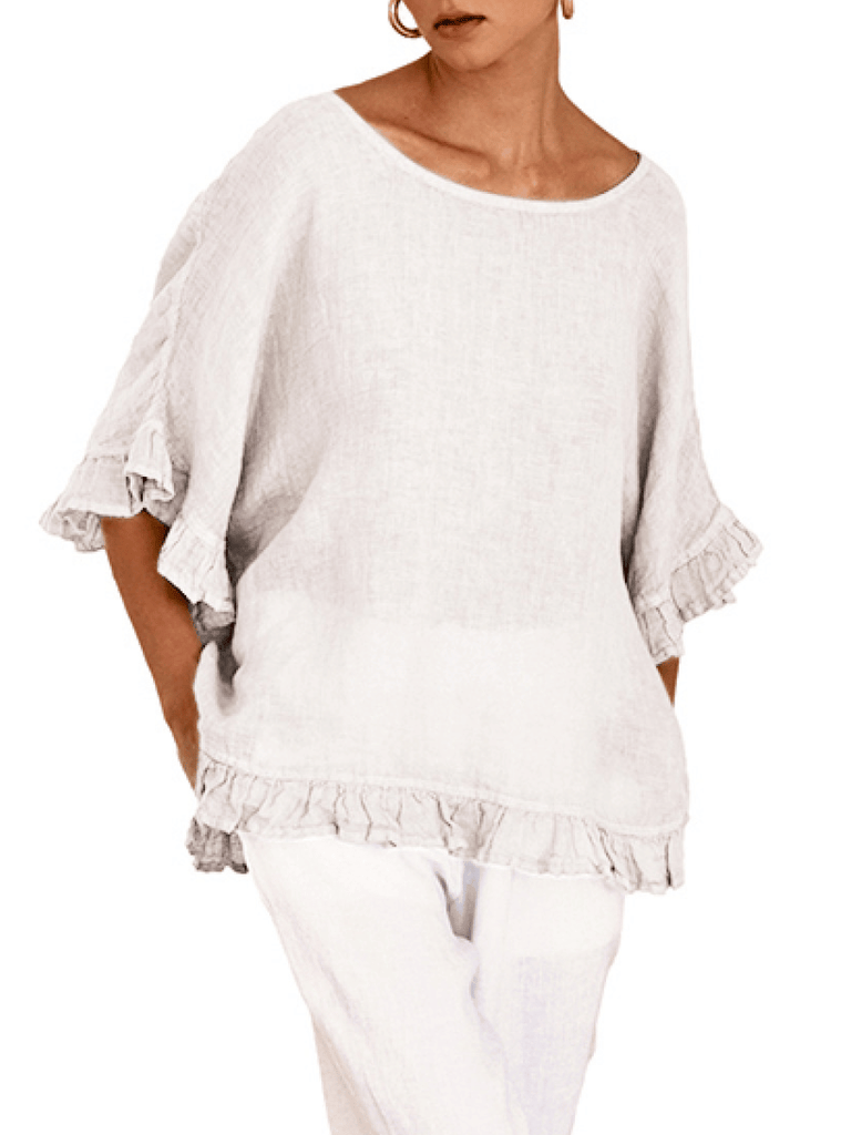 Haris Cotton Linen Gauze Blouse with Ruffles in White. Shop Haris Cotton Australia – Elegant linen clothing and sustainable european women’s fashion at Signature of Double Bay Sydney online and instore. shop natural linen dresses, white linen clothing and summer linen outfits in Sydney