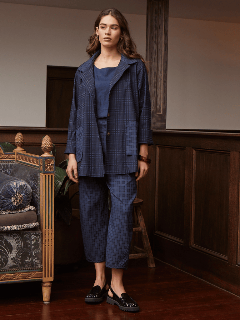 Valia Sydney Quay Pant Navy Checks VB021 Valia Australian fashion stockist online sydney buy quality womens mature fashion online in Sydney sustainable natural clothing