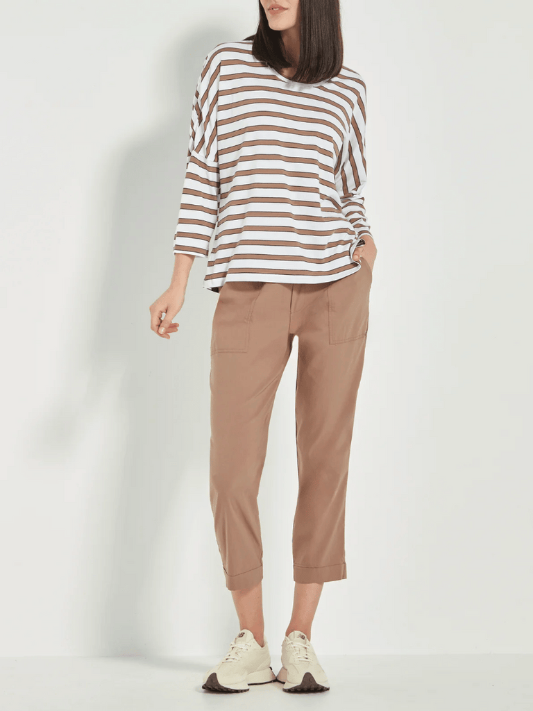 VERGE 3/4 Sleeve Relaxed Fit Sail Top in Brown and White Stripe Verge Stockist Online Australia Signature of Double Bay Mature Fashion Acrobat Flattering