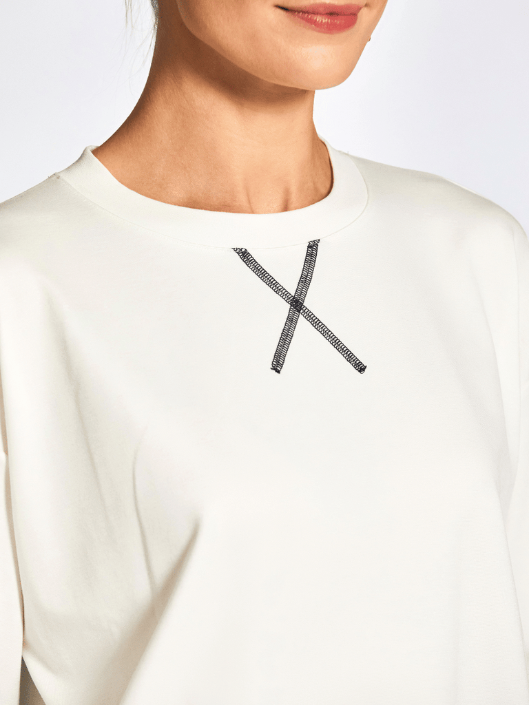 Peruzzi Contrast Zip Detail 3/4 Sleeve Top in Cream and Navy 25178 shop peruzzi, peruzzi fashion, peruzzi stockists, peruzzi stockists australia, peruzzi sydney, peruzzi womens clothing