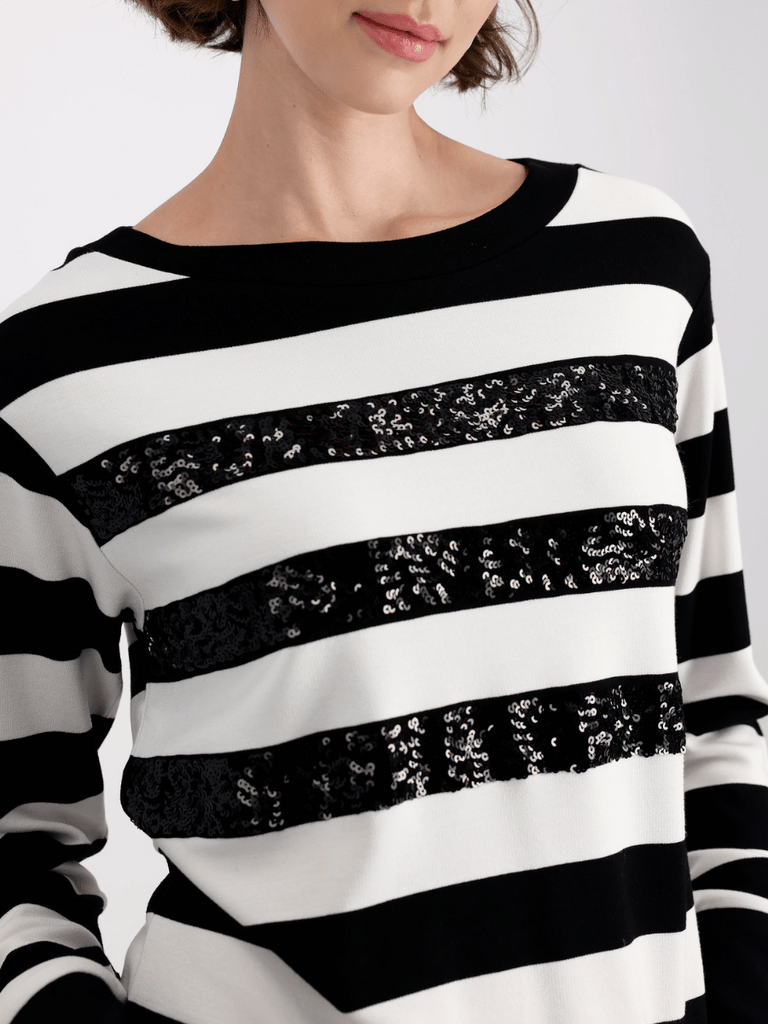 Monari Long Sleeve Sweatshirt with Sequin Highlights in Black and White Block Stripe Discover the Elegant Monari Collection at Signature of Double Bay, Shop Stylish Knitwear, Dresses, and Tops Online from Sydney's Premier Mature Fashion Boutique