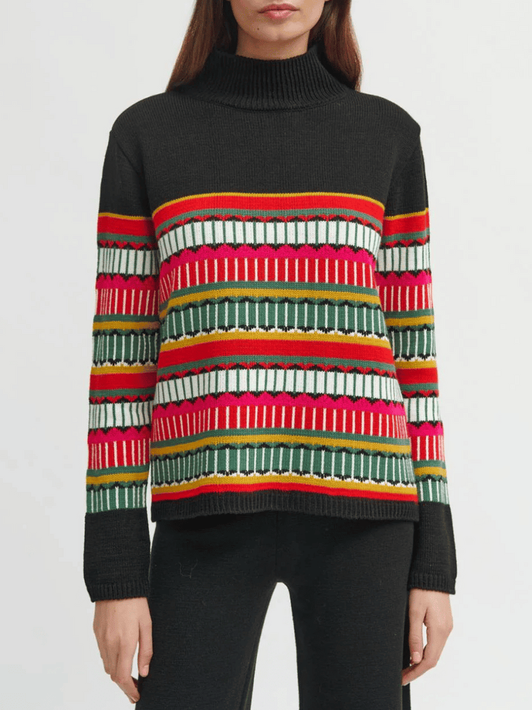 Tinta and Bariloche Hornos Mock Turtle Knit Sweater in Multicolour Stripe and Black Tinta and Bariloche online Australia Shop Tinta Bariloche shorts, dresses, tops online. Signature of Double Bay Fashion Tinta and Bariloche Online