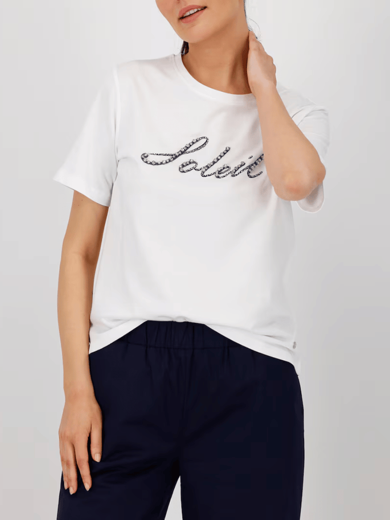 Monari Short Sleeve Round T-Shirt with Rhinestone "Soleil" Embellishment Discover the Elegant Monari Collection at Signature of Double Bay, Shop Stylish Knitwear, Dresses, and Tops Online from Sydney's Premier Mature Fashion Boutique