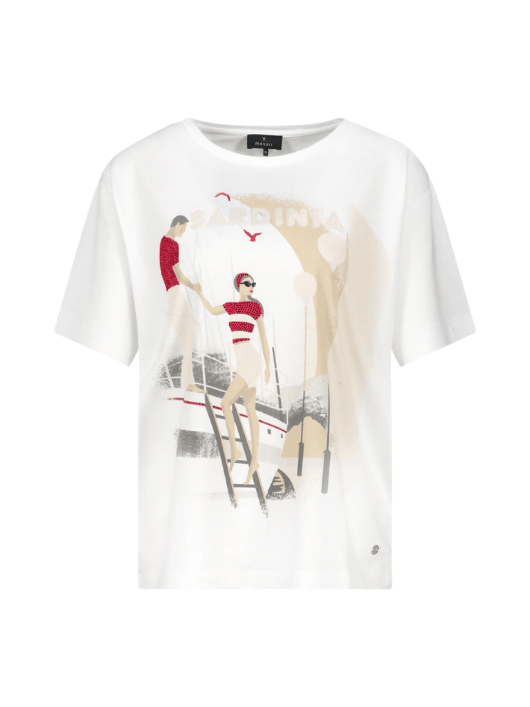 Monari Short Sleeve Relaxed Fit&nbsp;Sardinia Print T-Shirt in Cream Discover the Elegant Monari Collection at Signature of Double Bay, Shop Stylish Knitwear, Dresses, and Tops Online from Sydney's Premier Mature Fashion Boutique
