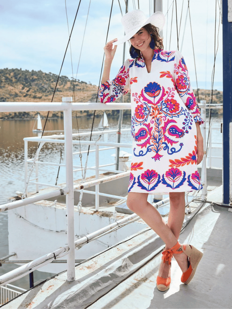 Tinta & Bariloche 3/4 Sleeve Aliana Midi Shift Dress in Pink and Blue Floral Print Tinta and Bariloche online Australia Shop Tinta Bariloche shorts, dresses, tops online. Signature of Double Bay Fashion Tinta and Bariloche Online