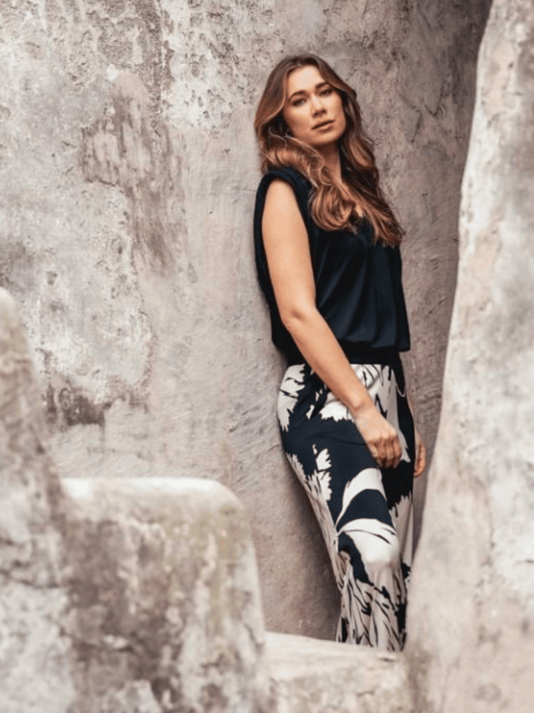 &Co Woman Netherlands Loa Palazo Pant in Black and Cream Floral Print PA252 Online Stockist &co woman travel wear travel clothing online sydney australia lightweight easy care wardrobe essentials