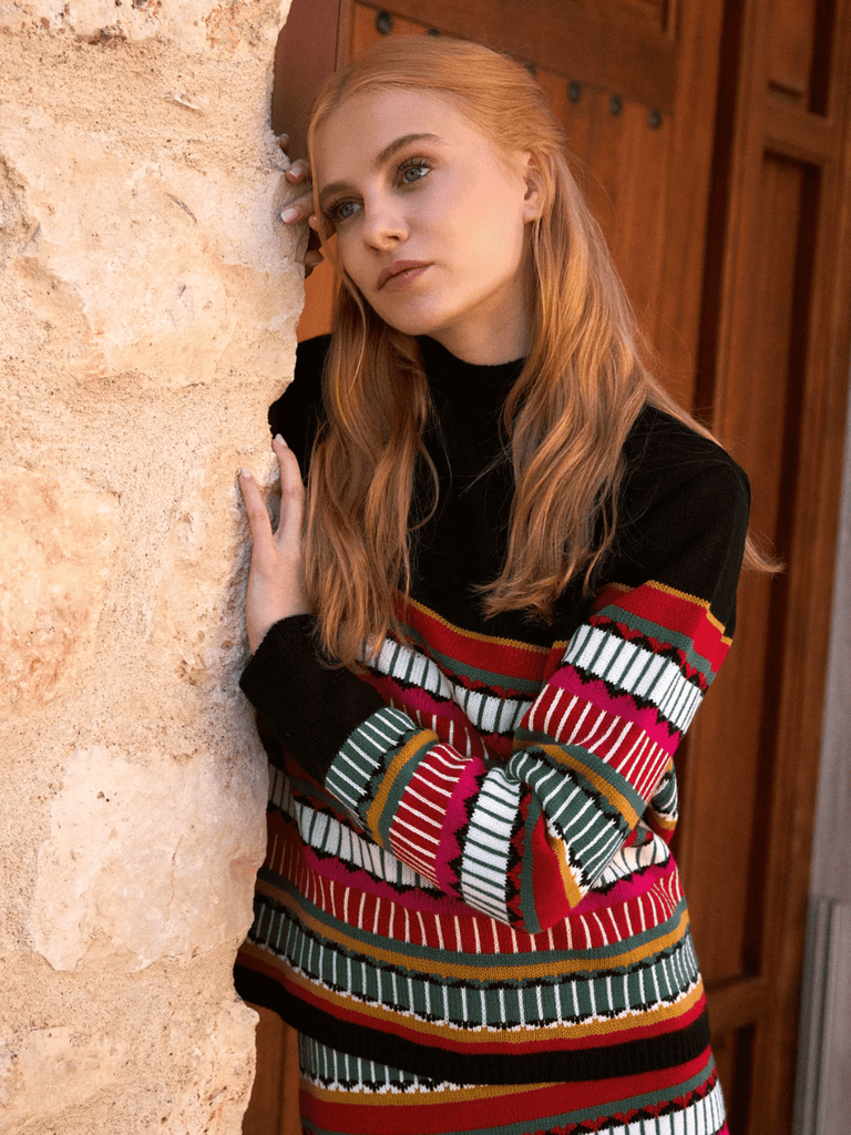 Tinta and Bariloche Hornos Mock Turtle Knit Sweater in Multicolour Stripe and Black Tinta and Bariloche online Australia Shop Tinta Bariloche shorts, dresses, tops online. Signature of Double Bay Fashion Tinta and Bariloche Online