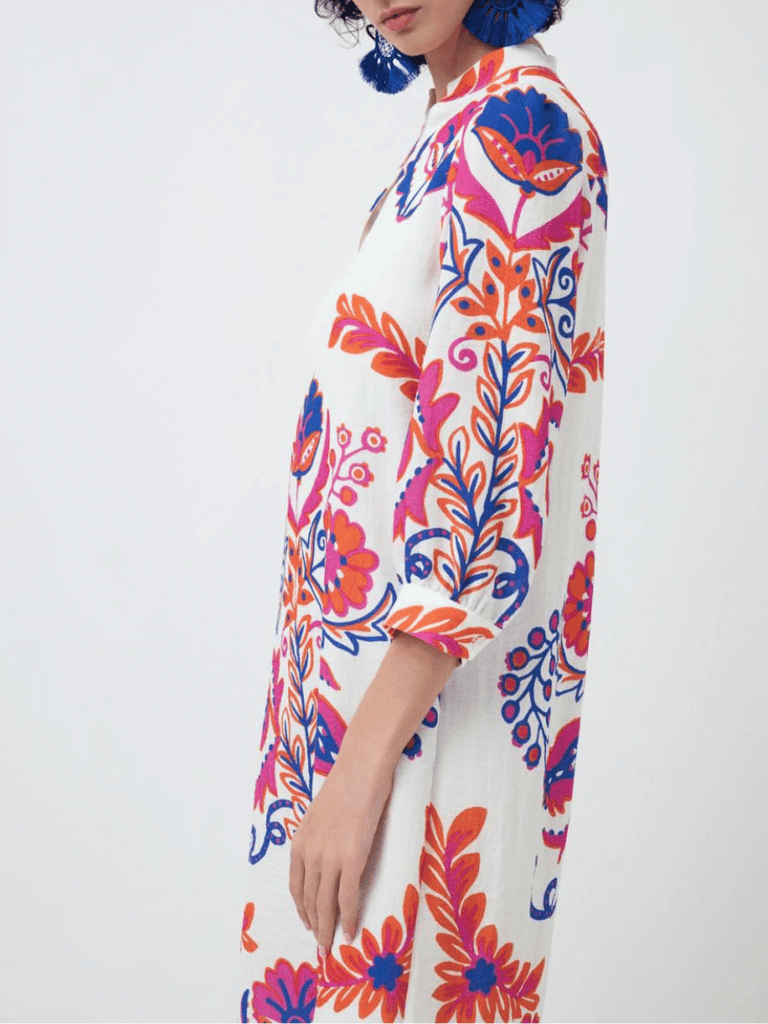 Tinta & Bariloche 3/4 Sleeve Aliana Midi Shift Dress in Pink and Blue Floral Print Tinta and Bariloche online Australia Shop Tinta Bariloche shorts, dresses, tops online. Signature of Double Bay Fashion Tinta and Bariloche Online