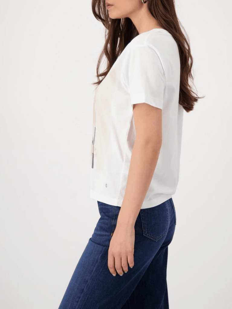 Monari Short Sleeve Relaxed Fit Sardinia Print T-Shirt in Cream Discover the Elegant Monari Collection at Signature of Double Bay, Shop Stylish Knitwear, Dresses, and Tops Online from Sydney's Premier Mature Fashion Boutique