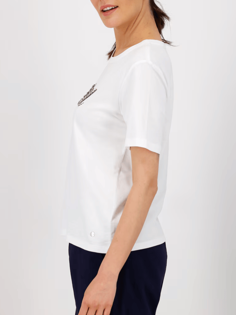 Monari Short Sleeve Round T-Shirt with Rhinestone "Soleil" Embellishment Discover the Elegant Monari Collection at Signature of Double Bay, Shop Stylish Knitwear, Dresses, and Tops Online from Sydney's Premier Mature Fashion Boutique