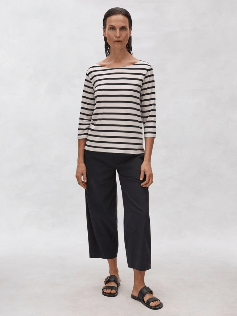 Mela Purdie 3/4 Sleeve Relaxed Boat Neck Top in Bisque and Black Trunk Striped Jersey 2630 Mela Purdie Stockist Online Australia Signature of Double Bay Tops Dresses Elegant Clothing
