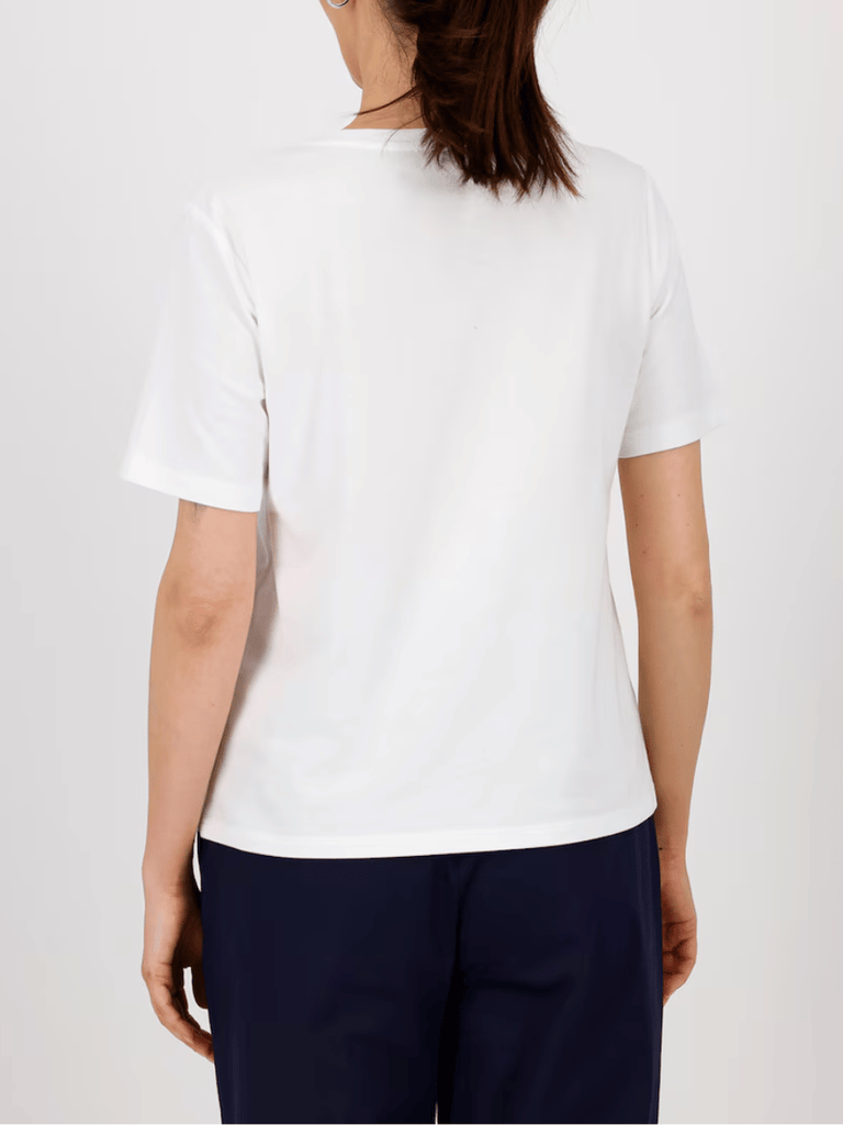 Monari Short Sleeve Round T-Shirt with Rhinestone "Soleil" Embellishment Discover the Elegant Monari Collection at Signature of Double Bay, Shop Stylish Knitwear, Dresses, and Tops Online from Sydney's Premier Mature Fashion Boutique