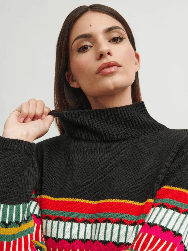 Tinta and Bariloche Hornos Mock Turtle Knit Sweater in Multicolour Stripe and Black Tinta and Bariloche online Australia Shop Tinta Bariloche shorts, dresses, tops online. Signature of Double Bay Fashion Tinta and Bariloche Online