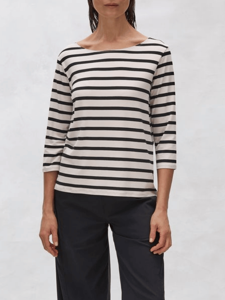 Mela Purdie 3/4 Sleeve Relaxed Boat Neck Top in Bisque and Black Trunk Striped Jersey 2630 Mela Purdie Stockist Online Australia Signature of Double Bay Tops Dresses Elegant Clothing