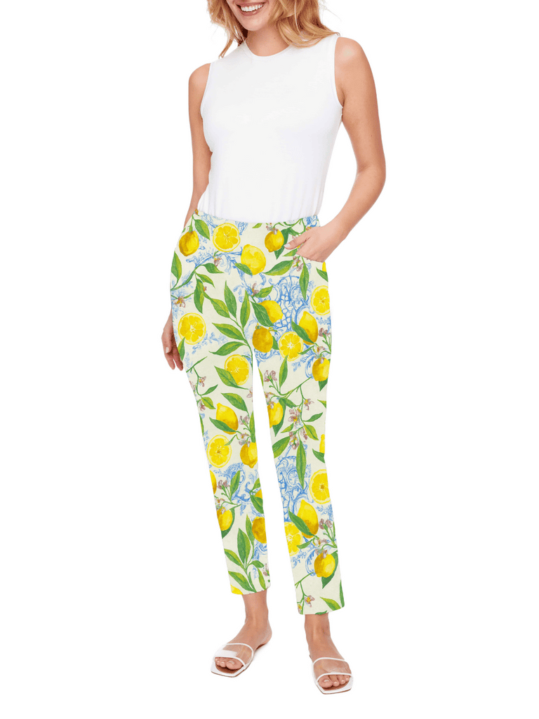 UP! PANTS Tummy Control Ankle Pant 28" Pant in Sicily Lemon Print 68764 Up Pants Tummy control stockist online Australia flattering body contouring shaping pants high rise waistband signature of double bay Sydney fashion