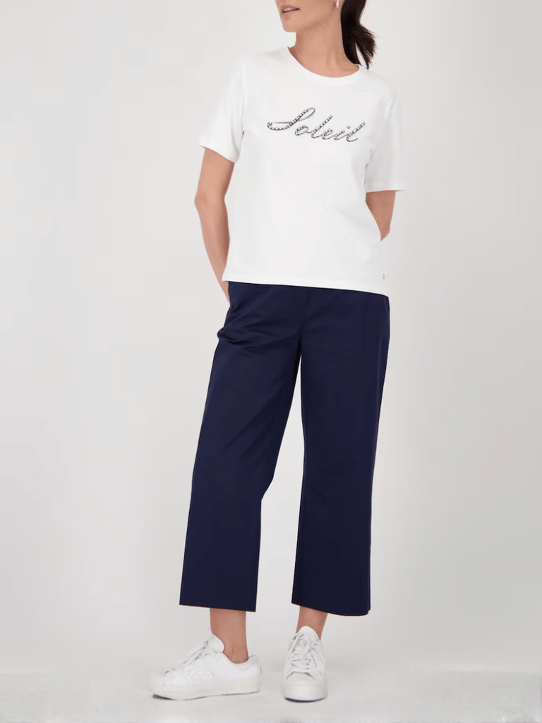 Monari Short Sleeve Round T-Shirt with Rhinestone "Soleil" Embellishment Discover the Elegant Monari Collection at Signature of Double Bay, Shop Stylish Knitwear, Dresses, and Tops Online from Sydney's Premier Mature Fashion Boutique