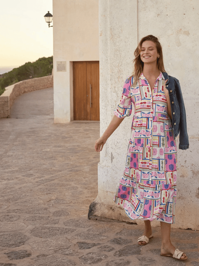 Tinta & Bariloche 3/4 Sleeve Burton Maxi Shirt Dress in Pink Ornamental Print Tinta and Bariloche online Australia Shop Tinta Bariloche shorts, dresses, tops online. Signature of Double Bay Fashion Tinta and Bariloche Online