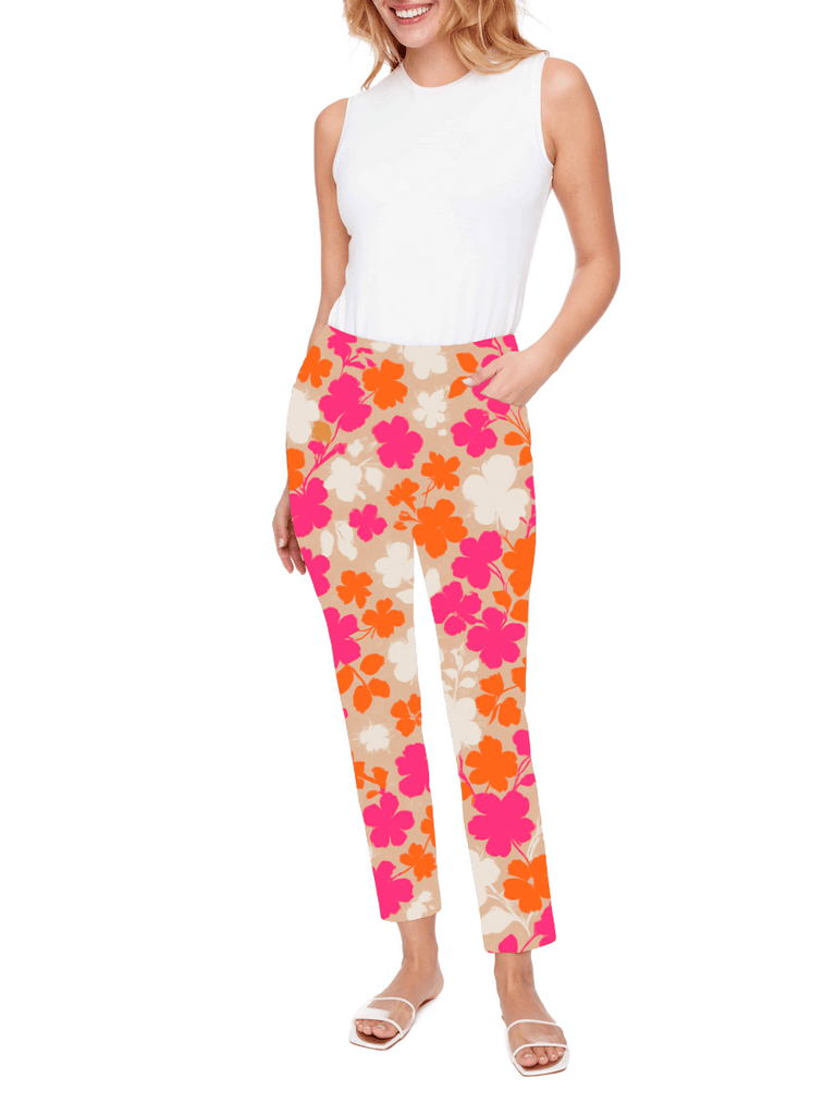 UP! PANTS Tummy Control Ankle Pant 28" in Pink, Orange and Beige Floral 68766 Print Up Pants Tummy control stockist online Australia flattering body contouring shaping pants high rise waistband signature of double bay Sydney fashion