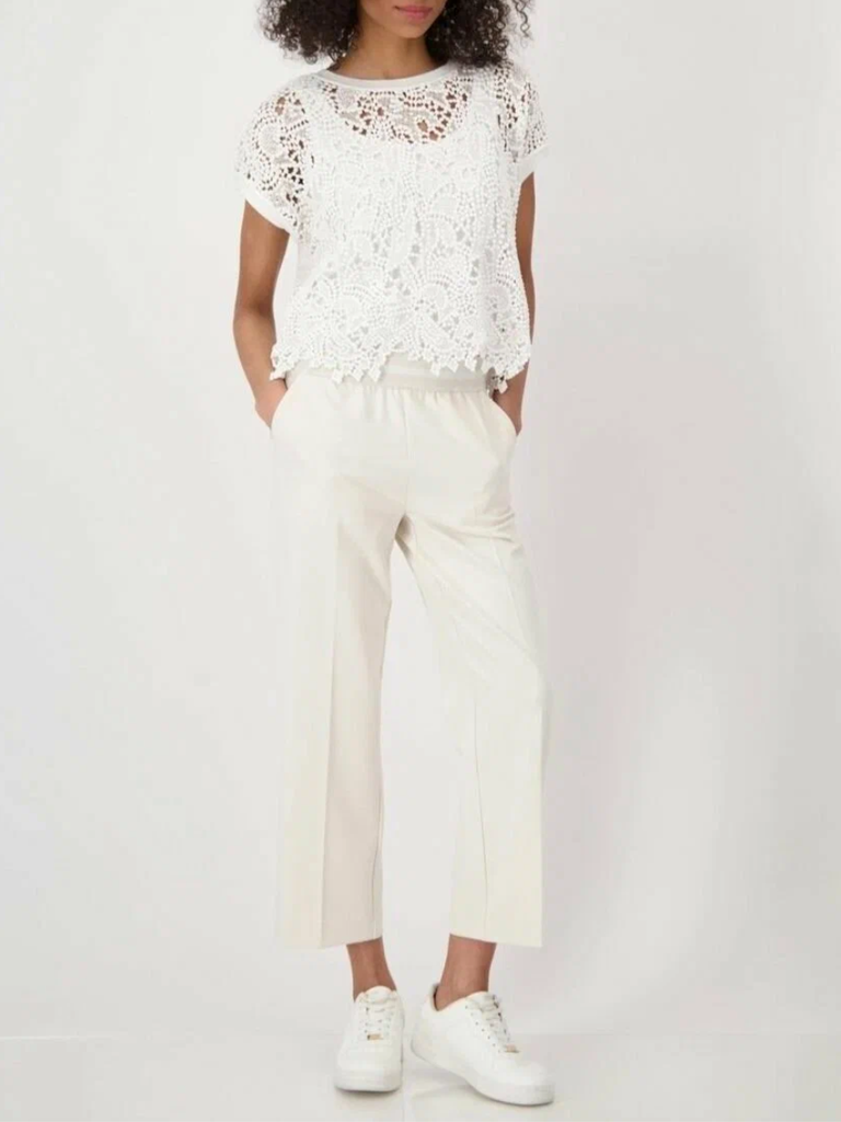 Monari Cropped Straight Leg Elastic Waistband Trouser in Seashell Beige Discover the Elegant Monari Collection at Signature of Double Bay, Shop Stylish Knitwear, Dresses, and Tops Online from Sydney's Premier Mature Fashion Boutique