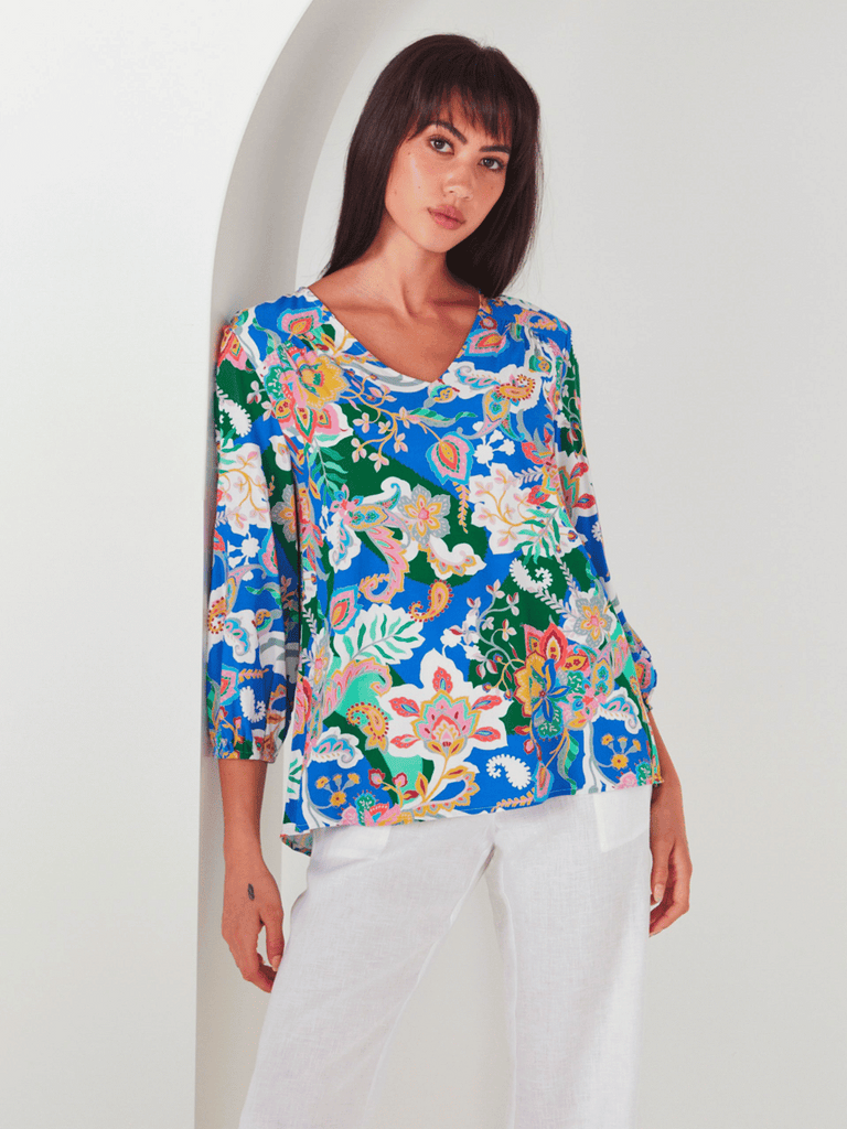 VERGE Catalina Floral Print V Neck Thea Top 8778 Verge Stockist Online Australia Signature of Double Bay Mature Fashion Acrobat Flattering