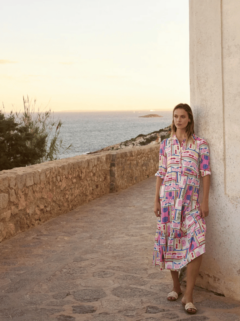 Tinta & Bariloche 3/4 Sleeve Burton Maxi Shirt Dress in Pink Ornamental Print Tinta and Bariloche online Australia Shop Tinta Bariloche shorts, dresses, tops online. Signature of Double Bay Fashion Tinta and Bariloche Online