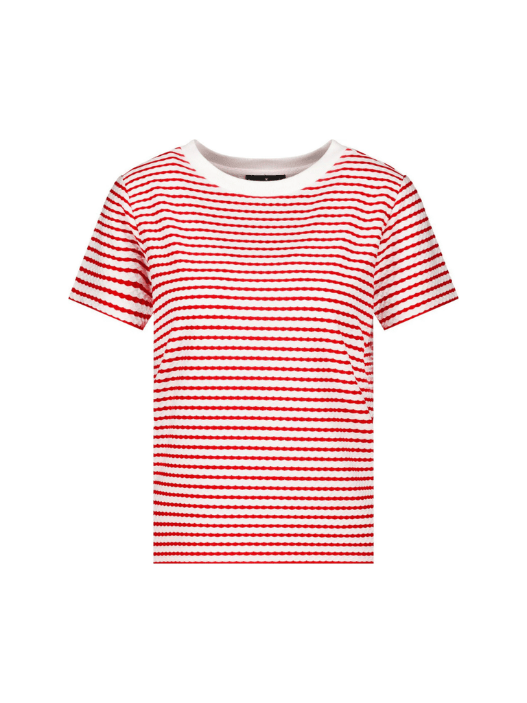 Monari Short Sleeve Relaxed Fit Textured Stripe T-Shirt in Red and White Discover the Elegant Monari Collection at Signature of Double Bay, Shop Stylish Knitwear, Dresses, and Tops Online from Sydney's Premier Mature Fashion Boutique