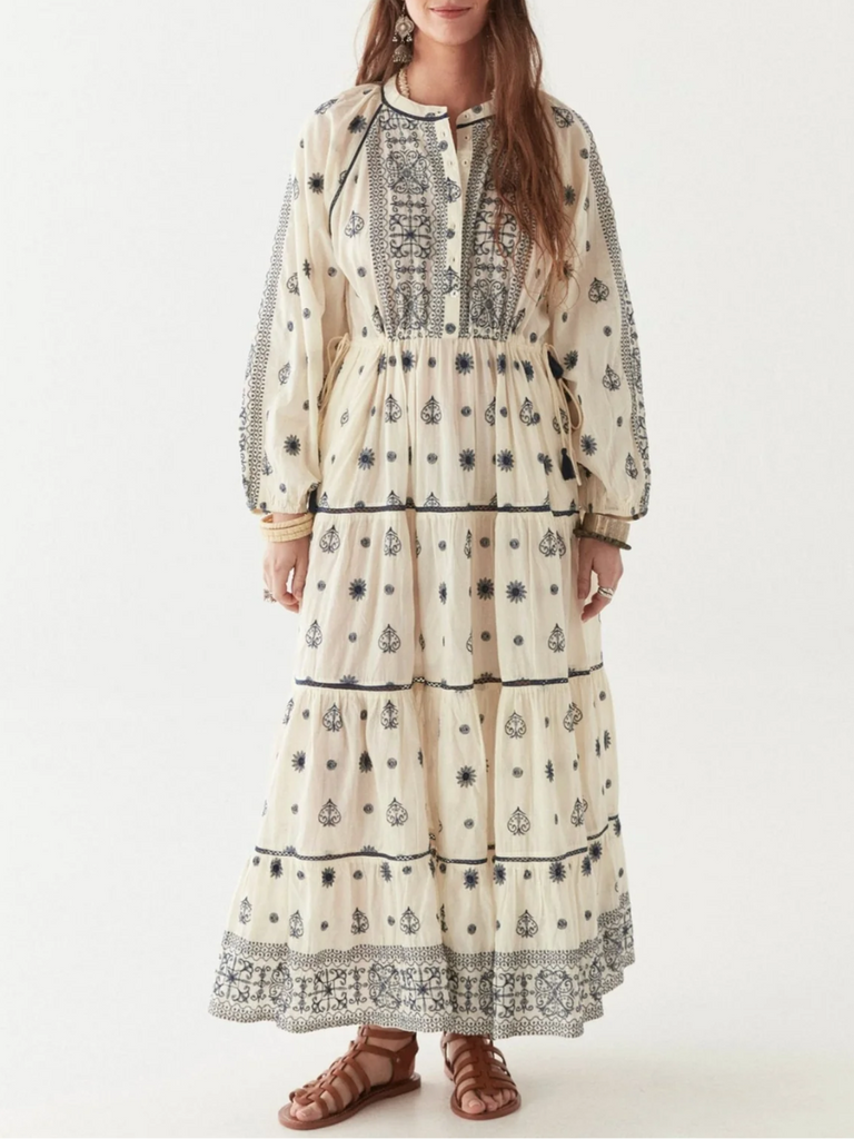 Maison Hotel Caroline Long Sleeve Embroidered Maxi Dress in Cream with Navy Embroidery Shop Maison Hotel online store shirts pants and dresses in Sydney Australia official stockist Maison Hotel buy Bohemian french style clothing with hand embroidery and vintage style