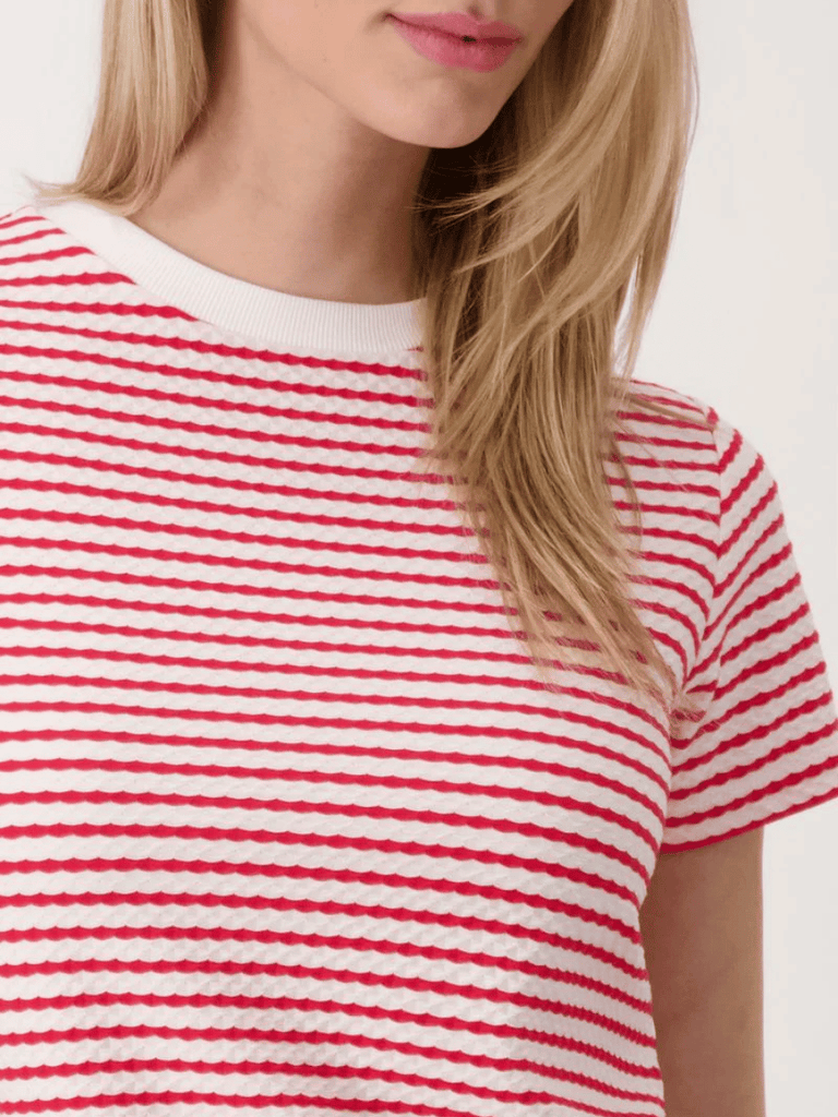 Monari Short Sleeve Relaxed Fit Textured Stripe T-Shirt in Red and White Discover the Elegant Monari Collection at Signature of Double Bay, Shop Stylish Knitwear, Dresses, and Tops Online from Sydney's Premier Mature Fashion Boutique