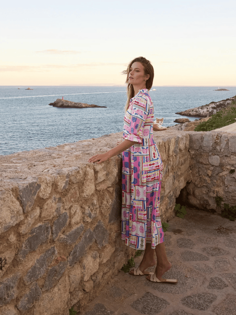 Tinta & Bariloche 3/4 Sleeve Burton Maxi Shirt Dress in Pink Ornamental Print Tinta and Bariloche online Australia Shop Tinta Bariloche shorts, dresses, tops online. Signature of Double Bay Fashion Tinta and Bariloche Online