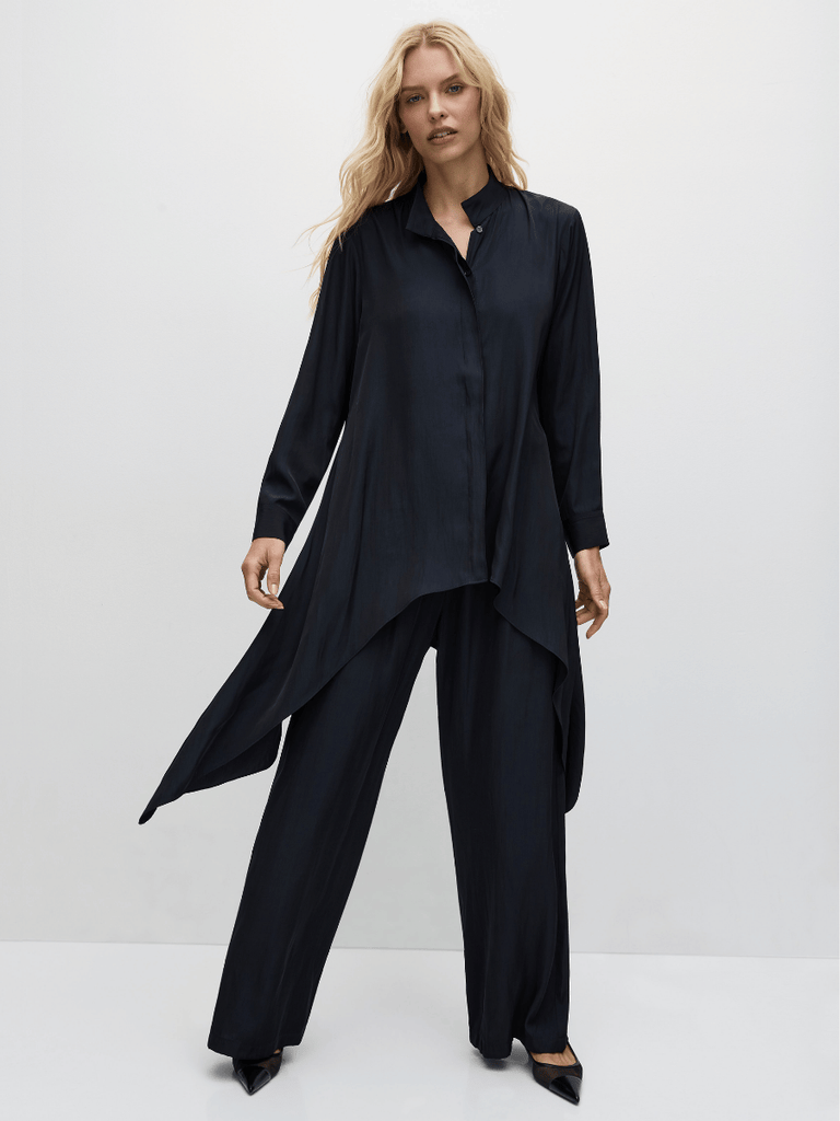 Mela Purdie Asymmetrical Deco Shirt in Navy 8697 Mela Purdie Stockist Online Australia Signature of Double Bay Tops Dresses Elegant Clothing