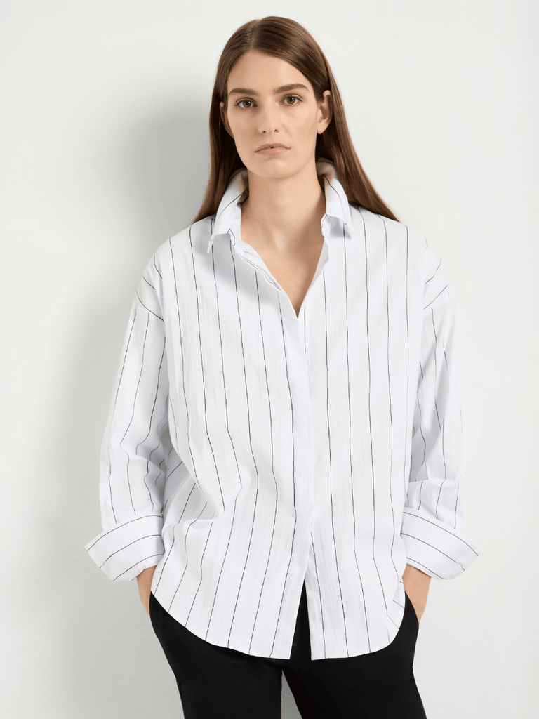 Mela Purdie Relaxed Button Front Mid Shirt in white and black pink stripe poplin 8460 Mela Purdie Stockist Online Australia Signature of Double Bay Tops Dresses Elegant Clothing